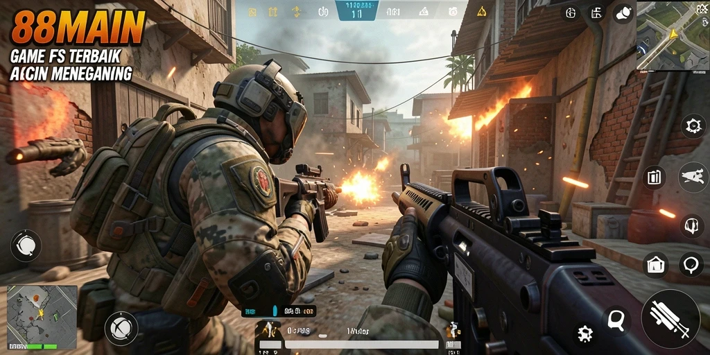 Tangkapan layar <strong>88MAIN</strong> menampilkan aksi pertempuran intens dalam mode FPS.