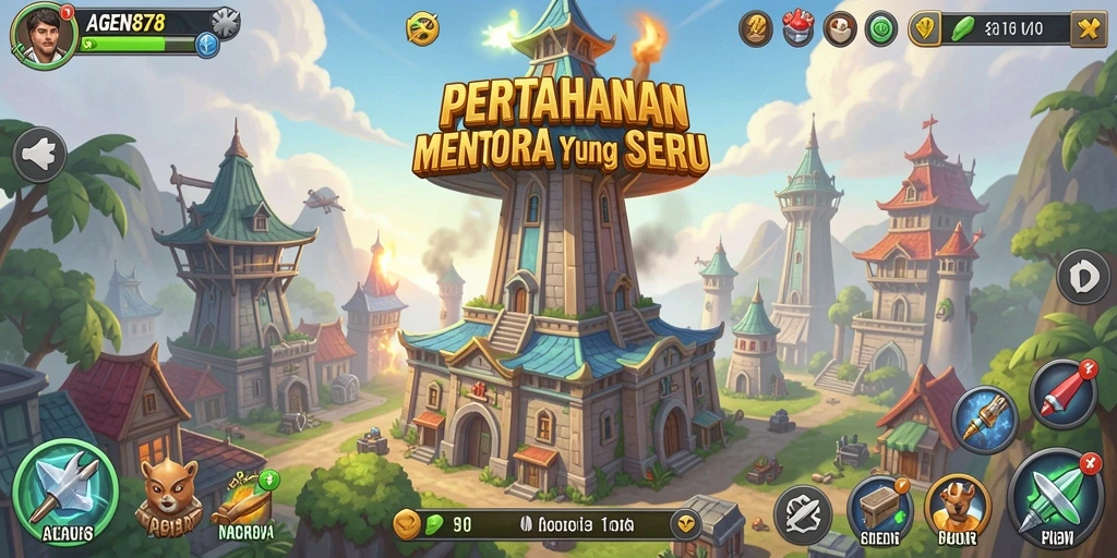 Screenshot AGEN878 menampilkan strategis pertahanan menara yang intens.