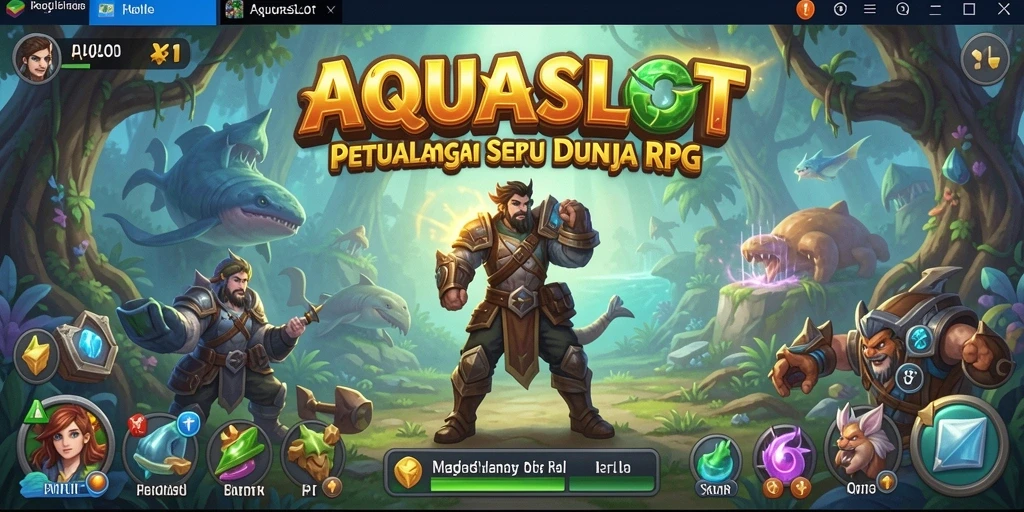 Tangkapan layar utama AQUASLOT menampilkan momen seru dalam pertarungan RPG.