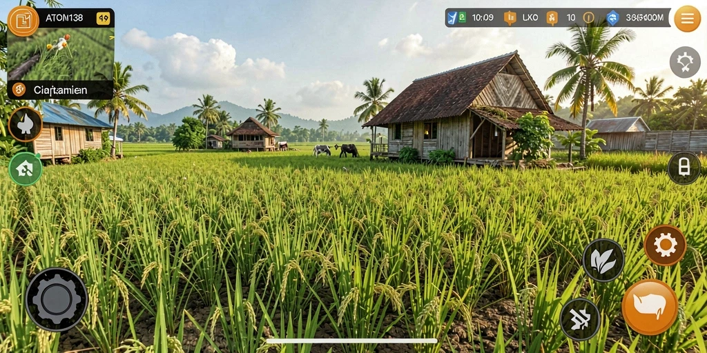 Tampilan screenshot ATOM138 menampilkan ladang subur dengan berbagai tanaman dan hewan.