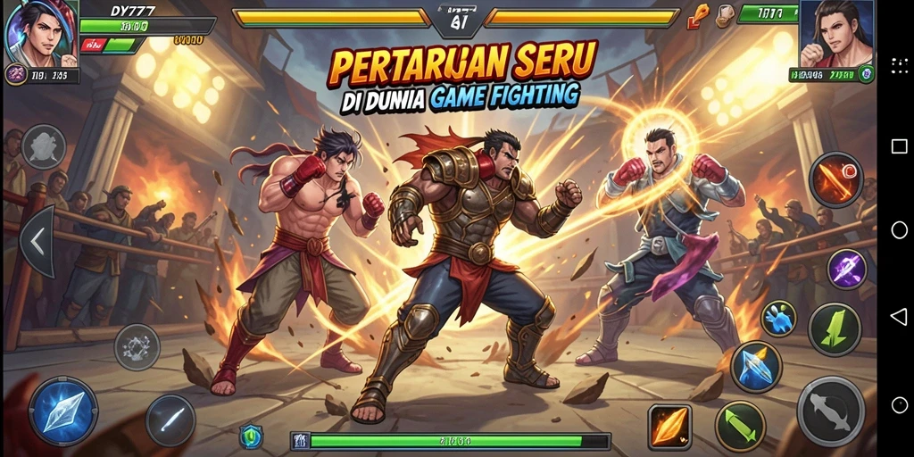 Screenshot utama DY777 menampilkan karakter bertarung secara intens.