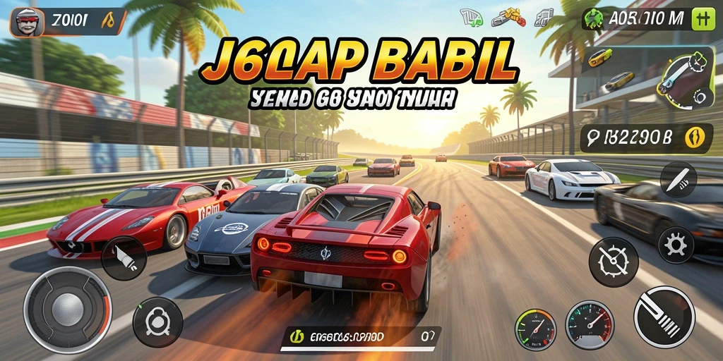 Screenshot J200M menampilkan aksi balap mobil yang mendebarkan.