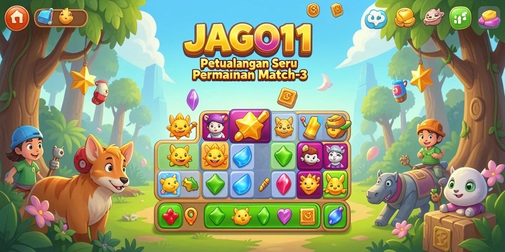 Tampilan gameplay seru dalam permainan Match-3 JAGO11 penuh warna.
