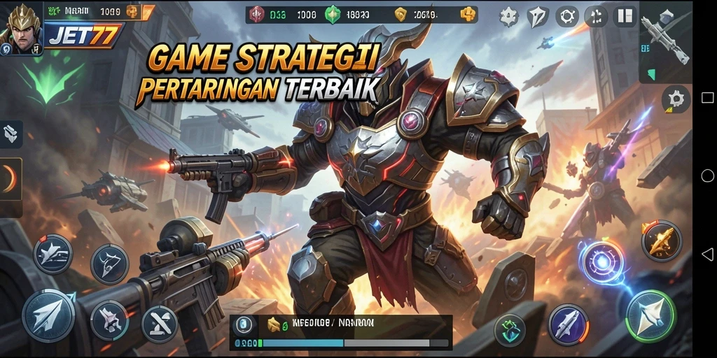 Screenshot utama gameplay JET77 menampilkan aksi pertempuran strategis.
