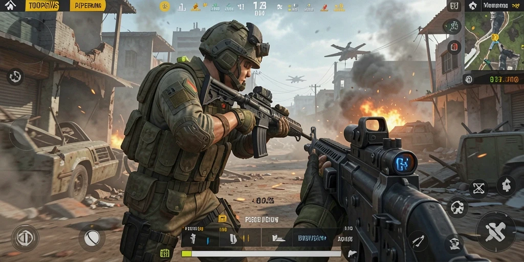 Screenshot gameplay TOOPGWS dengan aksi tembak-menembak yang intens.